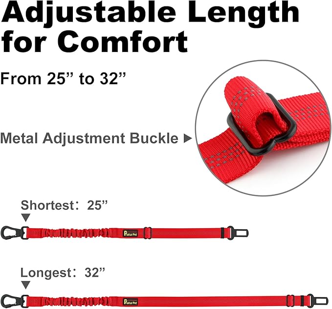 Plutus Pet Dog Seat Belt for Car, Adjustable Dog Car Harness with Carabiner Clip, Reflective Safety Dog Seatbelt Leash with Elastic Bungee, Red