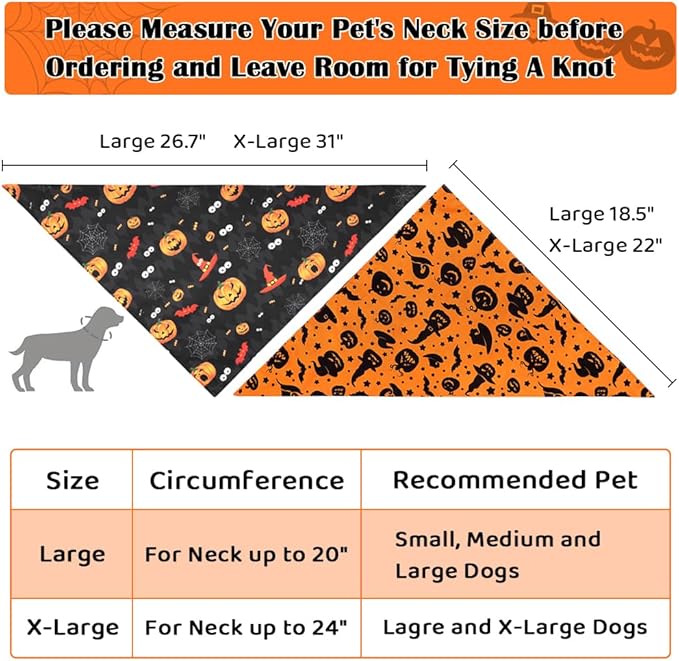 Vivifying Halloween Dog Bandanas 2 Pack, Sorceress Hat and Pumpkins Halloween Accessories for Pets, Dog Scarf Costume for Trick-or-Treating, Photo Prop, and Party Decor (Large, Orange & Black)