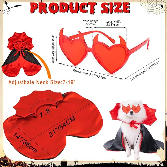 Dog Vampire Cloak Costume Halloween Pet Cloak Cat Cape Devil Horns Sunglasses 2PCS Novelty Halloween Costumes Demon Outfits for Small Medium Dog Cat Witch Cloak Clothes Funny Wizard Mantle Apparel