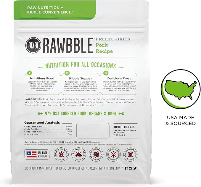 BIXBI Rawbble Freeze Dried Dog Food, Pork Recipe, 12 oz - 97% Meat and Organs, No Fillers - Pantry-Friendly Raw Dog Food for Meal, Treat or Food Topper - USA Made in Small Batches