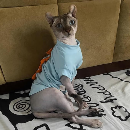 Dinosaur Sphynx Hairless Cat Clothes Cute Summer Cotton Shirts Cat Costume Pet Clothes Kitten T-Shirts Cats Small Dogs Apparel (Lake Blue
