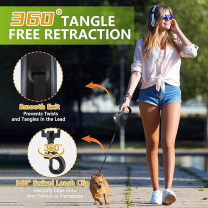 Retractable Dog Leash with Flashlight 16ft Walking Leash for Dogs up to 77lbs 360° Tangle-Free