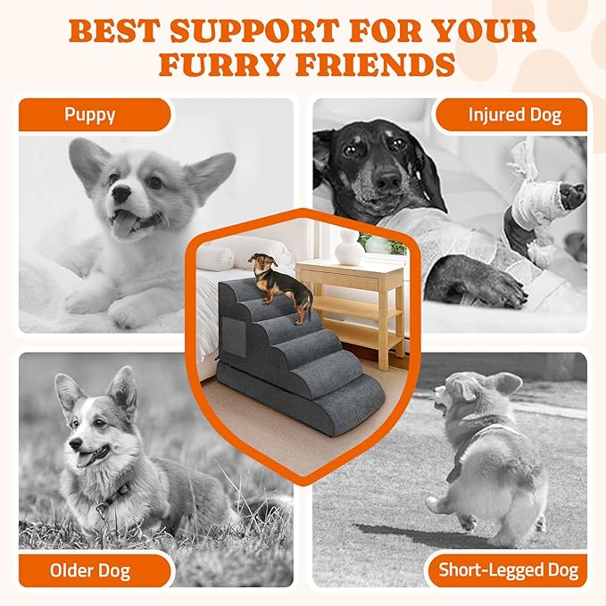 Dog Stairs for High Bed: Foam Pet Stairs for Dogs to Get on Bed Couch 24" Tall 6 Tiers,