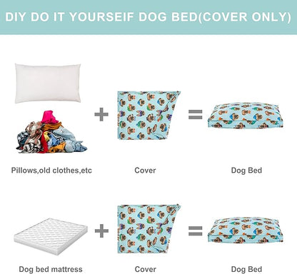 Dog Bed Cover, Waterproof Dog Bed Replacement Cover with Zipper, Oxford Removable Pet Bed Mattress Protector for Outdoor Use, 36Lx27Wx3H in, Bed Cover Only, Bulldogs in Hats Pattern