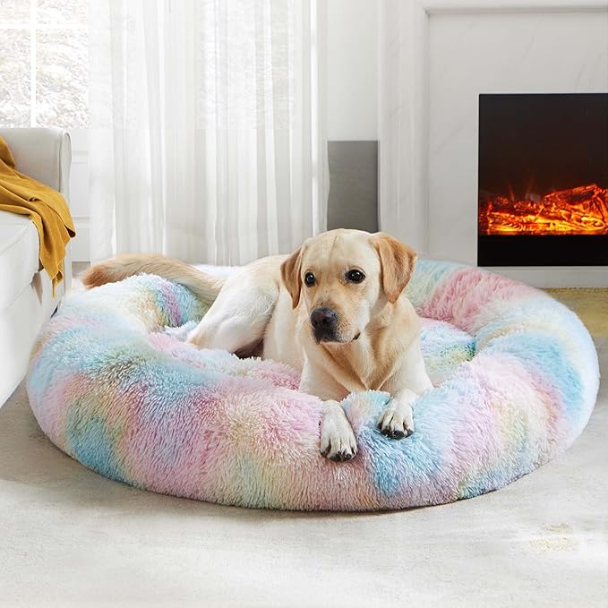 WESTERN HOME WH Calming Dog & Cat Bed, Anti-Anxiety Donut Cuddler Warming Cozy Soft Round Bed, Fluffy Faux Fur Plush Cushion Bed for Small Medium Dogs and Cats