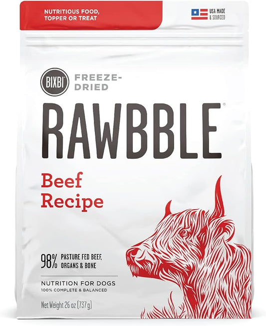 BIXBI Rawbble Freeze Dried Dog Food, Beef Recipe, 26 oz - 98% Meat and Organs, No Fillers - Pantry-Friendly Raw Dog Food for Meal, Treat or Food Topper - USA Made in Small Batches