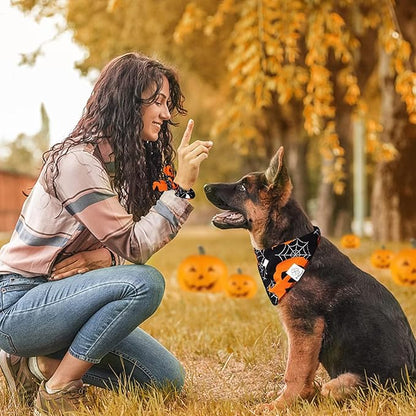 E-Clover Halloween Dog Bandanas-Pumpkin Dog Bandana Matching Scrunchie