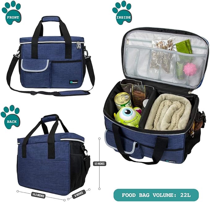 PetAmi Dog Travel Bag, Travel Pet Bag Organizer, Dog Food Travel Bag with Food Container and Bowls, Dog Travel Supplies Gift Accessories for Weekend Camping, Dog Cat Diaper Bag (Navy, Medium)