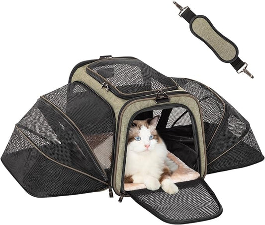 Petsfit Expandable Cat Carrier Dog Carrier, Soft-Sided Portable Pet Travel Carrier, Removable Soft Plush mat and Pockets, Locking Safety Zippers, 19x12x12 Inches