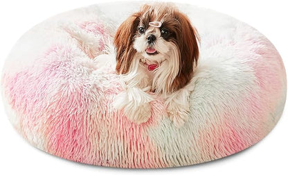 Western Home Faux Fur Dog Bed & Cat Bed, Original Calming Dog Bed for Small Medium Large Pets, Anti Anxiety Donut Fluffy Cuddler Round Warm Washable Cat Bed for Indoor Cats(27", Rainbow)