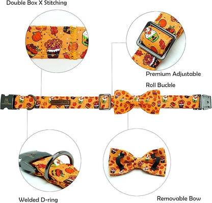 Lionheart glory Thanksgiving Dog Collar, Turkey Pumpkin Dog Bow Collar Adjustable Soft Comfortable Bowtie Collars for Lager Dogs Girl or Boy Fall Collar Dog Bow Pet Gift