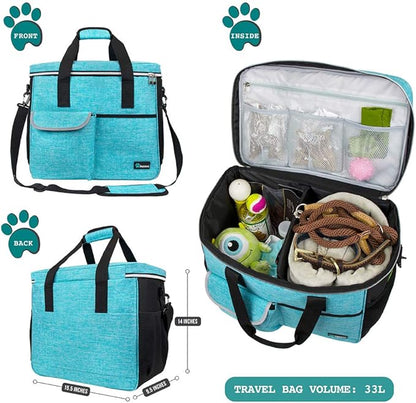 PetAmi Dog Travel Bag, Travel Pet Bag Organizer, Dog Food Travel Bag with Food Container and Bowls, Dog Travel Supplies Gift Accessories for Weekend Camping, Dog Cat Diaper Bag (Sea Blue, Large)