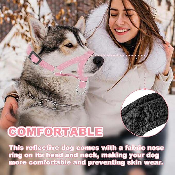 Dog Head Collar, Gentle Harness Walks with Reflective Strap to Stop Pulling for Small Medium and Large Dogs, Adjustable(L,Pink)