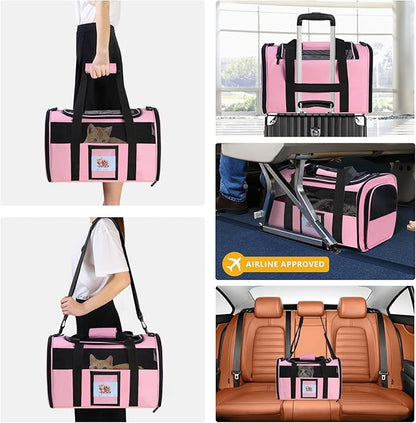 Cat Carrier, Dog Carrier, Pet Carrier Airline Approved for Cat, Small Dogs, Kitten, Cat Carriers for Small Medium Cats Under 15lb, Collapsible Soft Sided TSA Approved Cat Travel Carrier, Pink