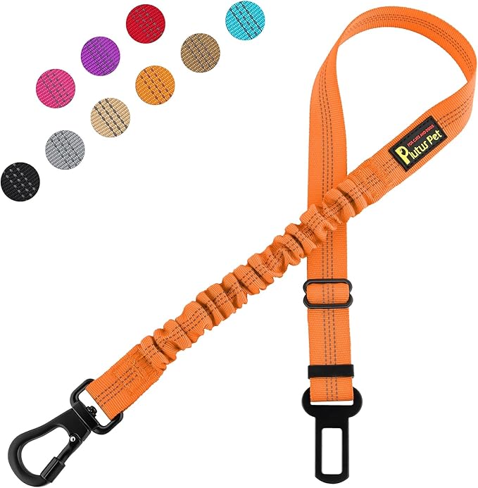 Plutus Pet Dog Seat Belt for Car, Adjustable Dog Car Harness with Carabiner Clip, Reflective Safety Dog Seatbelt Leash with Elastic Bungee, Orange