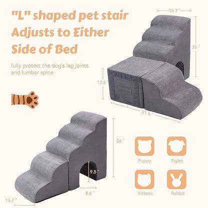 26" Dog Stairs for High Beds, Multifunctional L Shaped Pet Stairs, Adjusts to Either Side of Bed, Pet Steps/Ramp for Puppies, Old Pets and Injured Dogs, Non-Slip Balanced Dog Indoor Step