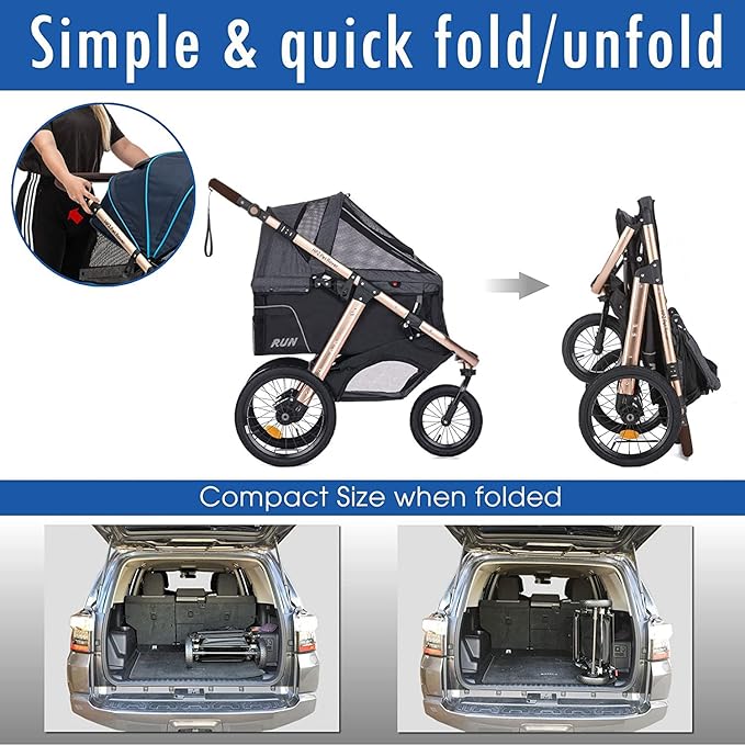 HPZ Pet Rover Run Performance Jogging Sports Stroller with Comfort Rubber Wheels/Zipper-Less Entry/1-Hand Quick Fold/Aluminum Frame for Small/Medium Dogs