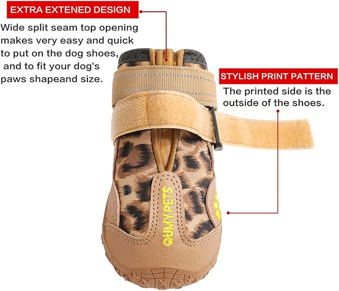 QUMY Dog Shoes for Large Dogs, Medium Dog Boots & Paw Protectors for Winter Snow Day, Summer Hot Pavement, Waterproof in Rain Weather, Outdoor Walking, Indoor Hardfloors Anti Slip Sole Leopard Size 2