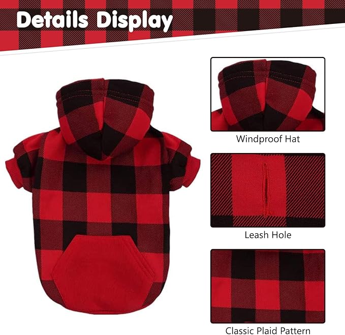 KOOLTAIL Plaid Dog Hoodie Pet Clothes Sweater with Hat and Pocket for Small Medium Large Size Dogs