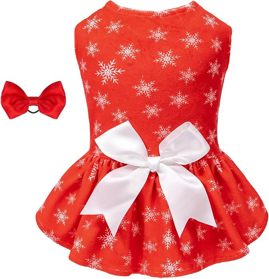 CuteBone Dog Dresses Velvet Holiday Small Dogs Clothes Onesie Pet Apparel Girl Puppy Skirt with Bow Hair Rope CVA36L