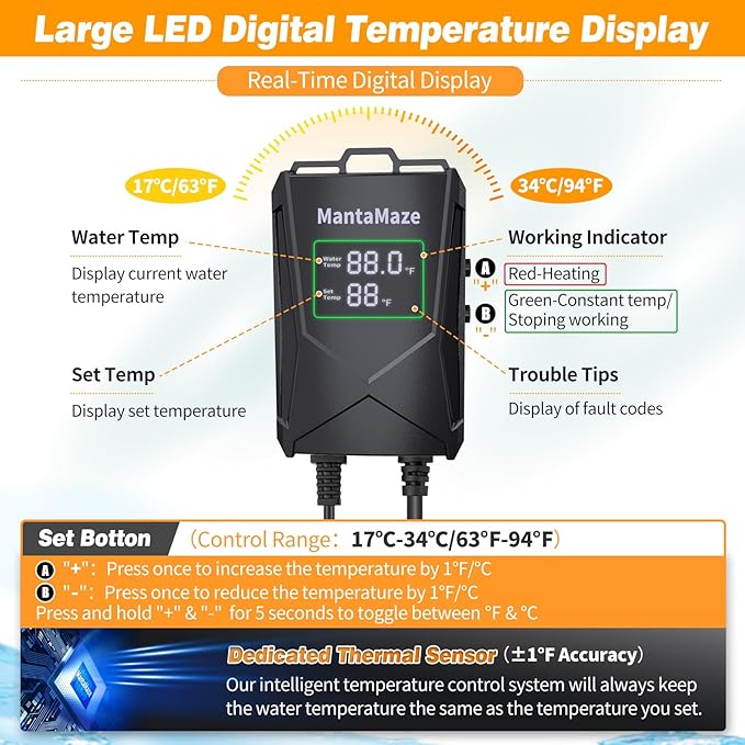 Aquarium Heater 300W/500W/800W/1000W for 20-300 Gal, Fish Tank Heater with Intelligent Leaving Water Automatica Stop Heating and Overheating Protection, for Freshwater & Saltwater