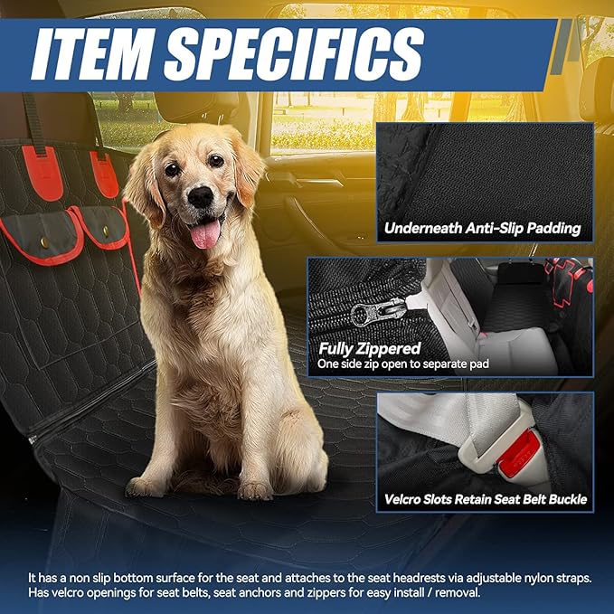 Auto Dynasty Hammock Style Waterproof Pet Dog Back Seat Protector Cover with Center Mesh Window and Anti-Slip Padding for Cars