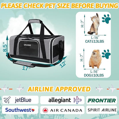 Petskd Pet Carrier 17x12x8.5 JetBlue Allegiant Airline Approved,Pet Travel Carrier Bag for Small Cats and Dogs, Soft Dog Carrier for 1-13 LBS Pets,Dog Cat Carrier with Safety Lock Zipper(Grey)