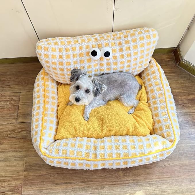 Yellow Big Eyes Pet Cat Dog Bed Warm Comfortable Dog House - Small Ultrasoft Plush Pet Dog Bed- Square Cat Bed Cushion Soft Warm Beds (Small)