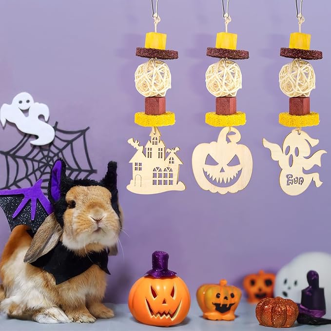 Abizoo Halloween Guinea Pig Chew Toys,3 Pcs Rabbit Toys Hamster Bunny Treats Wood for Chinchilla Rat Chew Toys Hanging Halloween Themed Decor Cage Accessories for Small Animals Teeth Enrichment Gifts