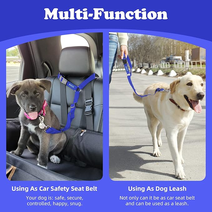 BWOGUE 2 Packs Dog Cat Safety Seat Belt Strap Car Headrest Restraint Adjustable Nylon Fabric Dog Restraints Vehicle Seatbelts Harness Dark Blue