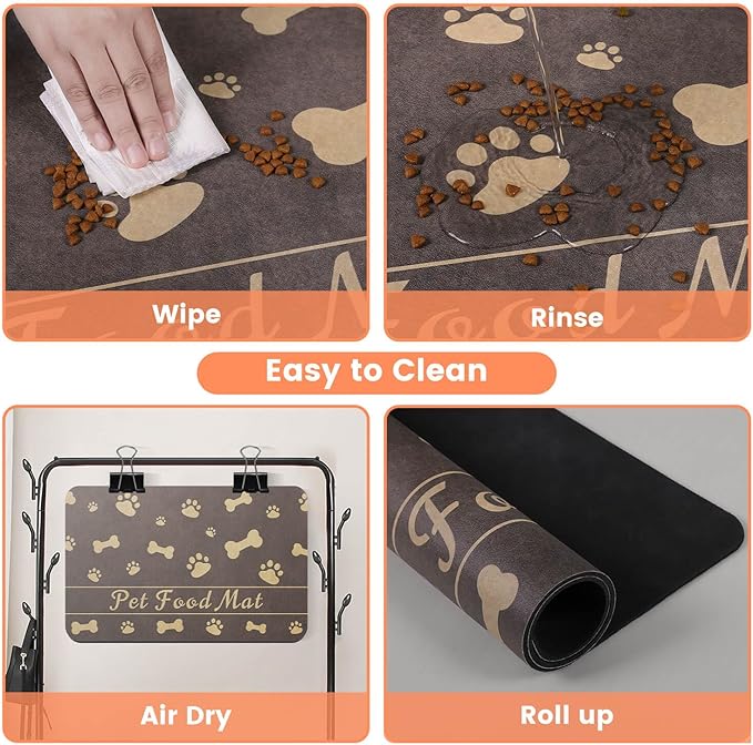 Pet Feeding Mat-Absorbent Pet Placemat for Food and Water Bowl (16"x24", Brown)
