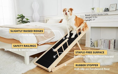 Woohoo Dog Ramp for Bed - Non-Slip Rubber Surface - Folding Wooden Pet Ramp for Dogs to Get on Bed - Dog Ramp for Large, Small, Old Dogs - Adjustable up to 30 inch High Beds, Safety Railings