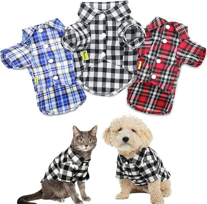 DroolingDog 3 Pack Plaid Dog Shirts Small Dog T Shirt Checked Pattern Tshirt Puppy Button Up Tee Black White Rose Blue Pet Clothes