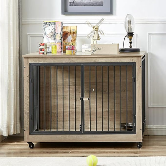 Okak Dog Crate Furniture Side Table Wooden Dog Crate With Rotatable Feeding Bowl on Casters Heavy-Duty Dog Kennel Indoor for Medium/Large Dog Opening,Grey,43.7"W