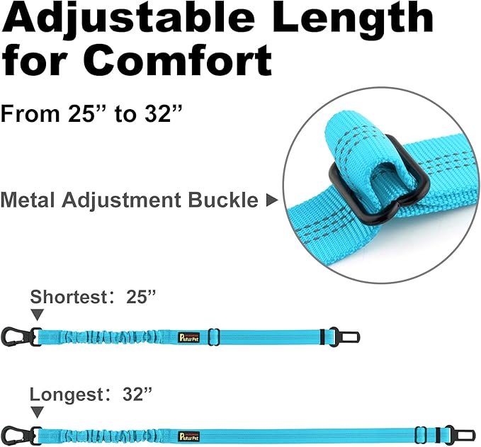 Plutus Pet Dog Seat Belt for Car, Adjustable Dog Car Harness with Carabiner Clip, Reflective Safety Dog Seatbelt Leash with Elastic Bungee, Cyan