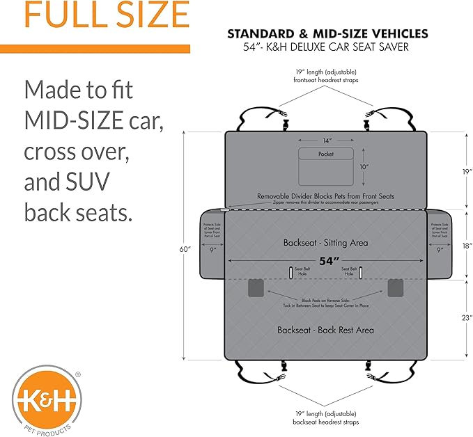 K&H Pet Products Deluxe Car Seat Saver Black Standard/Mid-Size 54 Inches