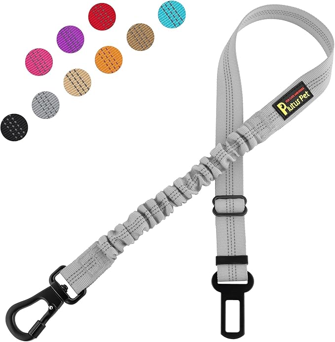 Plutus Pet Dog Seat Belt for Car, Adjustable Dog Car Harness with Carabiner Clip, Reflective Safety Dog Seatbelt Leash with Elastic Bungee, Gray