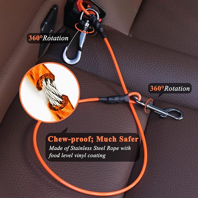 VIVAGLORY Dog Seat Belt, Chew Proof Waterproof Multi-Functional Dogs Safety Belt, Heavy Duty Steel Rope Pet Car Seatbelt Rrestraint Harness for Large Dogs, 37", Orange