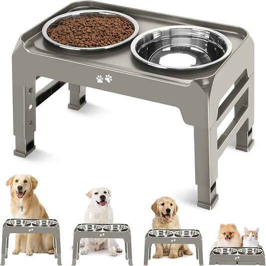 Elevated Dog Bowls, 4 Height Adjustable Raised Dog Bowl Stand with 2 Thick 50oz Stainless Steel Dog Food Bowls Non-Slip Dog Feeder for Dogs Adjusts to 3.7", 9.2", 10.75", 12.36" Light Brownish Gray