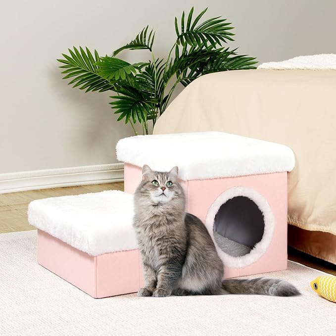 B FSOBEIIALEO Cat House with Toy Storage Box, Cat Condo Stairs for Indoor Room Bed Cat Cave, Foldable Pets beds Pet Steps Pink 15.7x12.6x12.6 inches