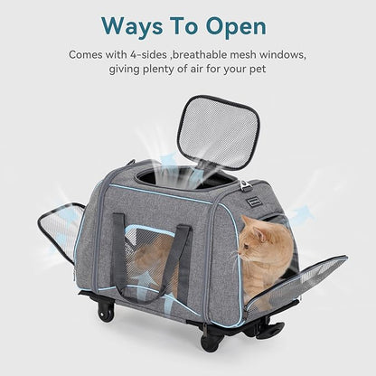 Petsfit Pet Carrier with Removable Wheels for Cats, Dogs Up to 22 Pound, Cat Soft-Sided Carrier with Retractable Handle