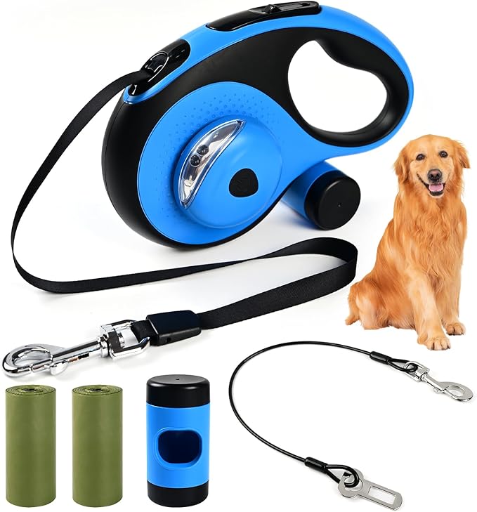 Heavy Duty Retractable Dog Leash for Large Dogs 26ft with 2 Poop 360° No 110Lbs. (Blue, 26ft)