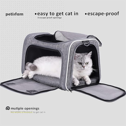 petisfam Top Load Cat Carrier Bag for Medium Cats and Small Dogs. Airline Approved, Collapsible, Escape Proof and Auto-Safe. Easy to get cat in and Make Vet Visit Less Stressful