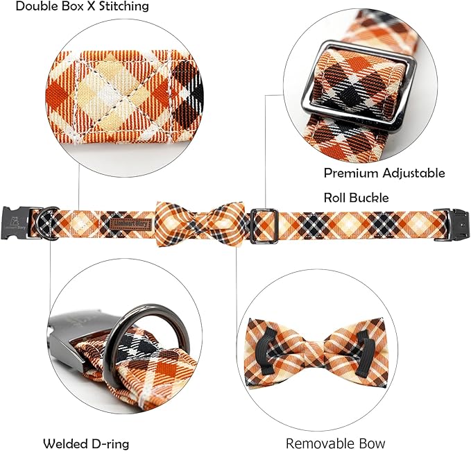 Lionheart glory Dog Collar Fall Dog Collars with Bow Plaid Dog Collar Bow Female Male Pet Collar Dogs Collar Bows Duty Adjustable Dog Bow Collars for Large Dogs