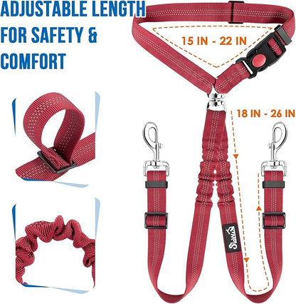 Lukovee Double Dog Seat Belt, New Dual Pet Car Headrest Restraint Safety Seatbelt No Tangle Dog Leash Duty Adjust Elastic Bungee Puppy Lead Splitter Connect Harness in Vehicle Travel for 2 Dogs (Red)