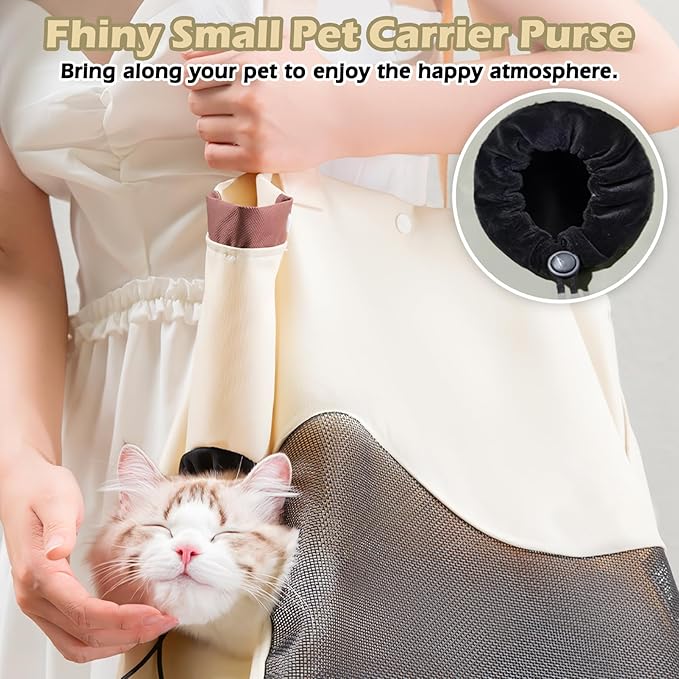 Fhiny Cat Purse Carrier, Small Dog Carrier Tote Breathable Mesh Pet Carrier Bag Soft Sided Adjustable & Foldable Kitten Travel Bag for Cats Kittens Rabbits Small Dogs Shopping Travel (Beige)