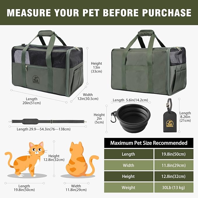 Luxury Pet Carrier for Dogs, Cats, Puppies - Airline TSA Approved, Durable Anti-Scratch Fabric, Soft-Sided, Consistent Airflow, Foldable Design, Cushion Pad, Travel (Olive Green, Large)