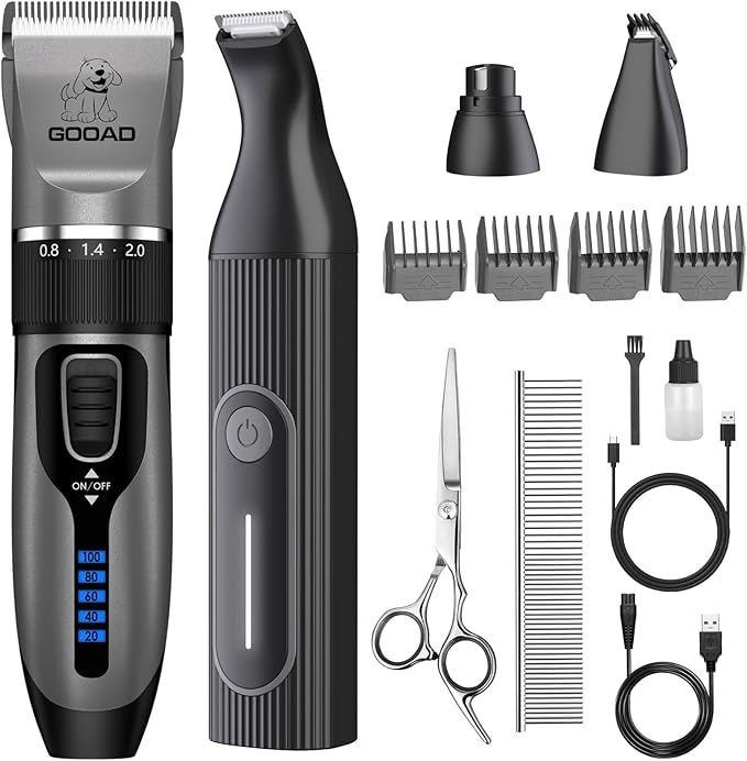 Dog Clippers Grooming Kit Hair Clipper -4 in 1Low Noise -Rechargeable-Cordless Quiet Paw Trimmer Nail Grinder, Trimmer Grooming for Thick Hair&Coats,Pet Shaver for Small and Large Dogs Cats