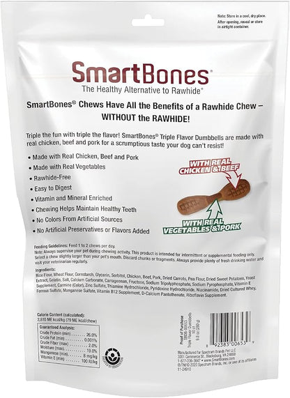 SmartBones Triple Flavor Dumbbells, 10 Count, Rawhide-Free Chews for Dogs, Made with Real Chicken, Beef and Pork