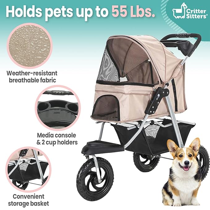 Critter Sitters 3-Wheel Jogging Dog Stroller with Storage Basket and Cup Holders 55 Pounds,